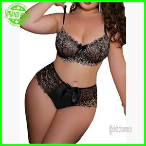 Plus Size Lingerie Set Floral Lace Underwire Bra Panty Babydoll Outfit